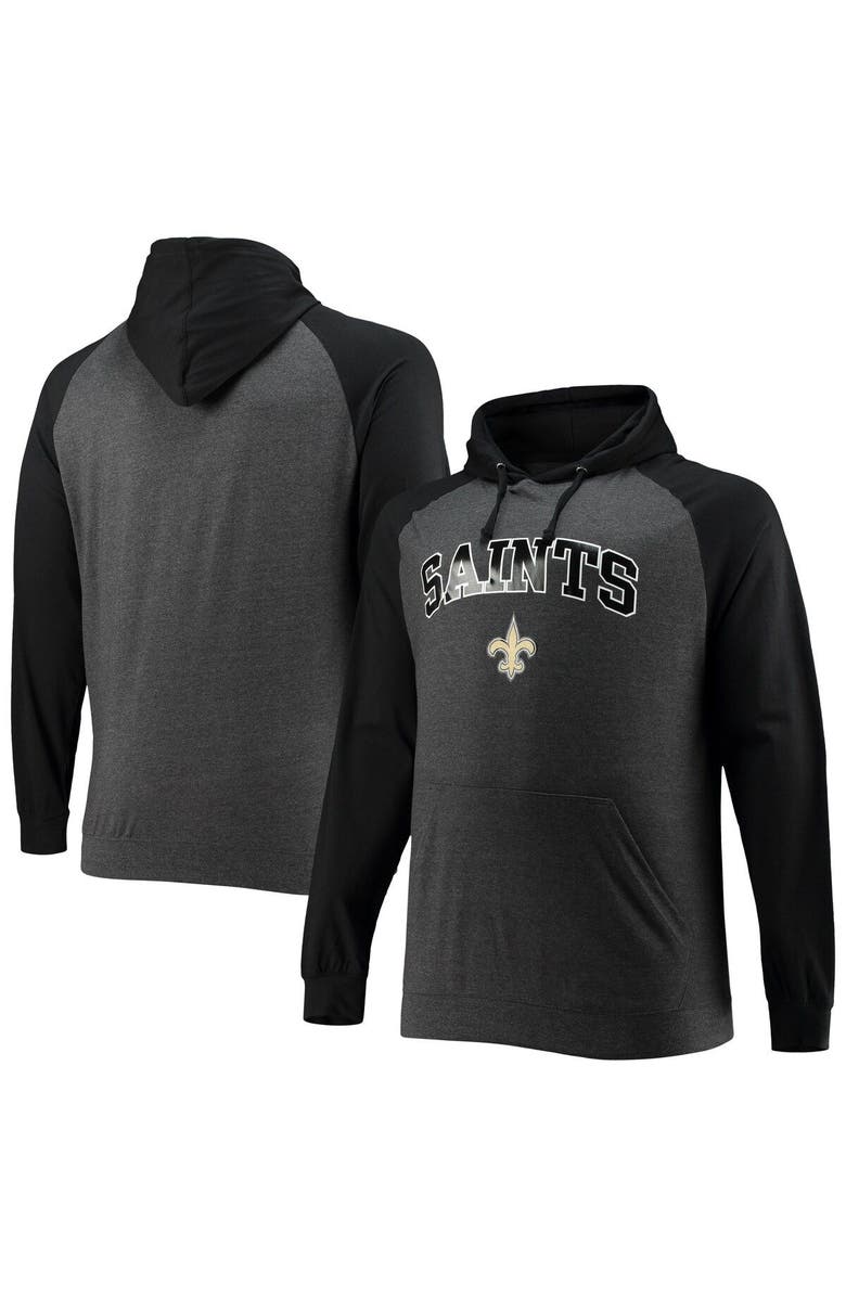 FANATICS Men's Fanatics Branded Black/Heathered Charcoal New Orleans Saints Big & Tall Lightweight Raglan Pullover Hoodie, Main, color, 