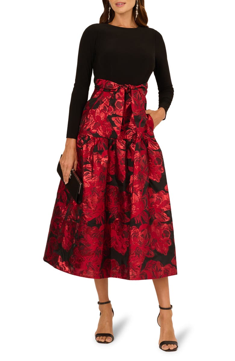 Adrianna Papell Metallic Floral Jacquard Long Sleeve Maxi Dress, Main, color, Black/ Red