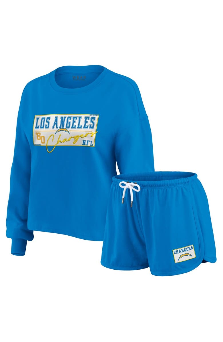 WEAR by Erin Andrews Women's WEAR by Erin Andrews Powder Blue Los Angeles Chargers Heavy Rugby Jersey Long Sleeve T-Shirt & Shorts Lounge Set, Main, color, Powder Blue