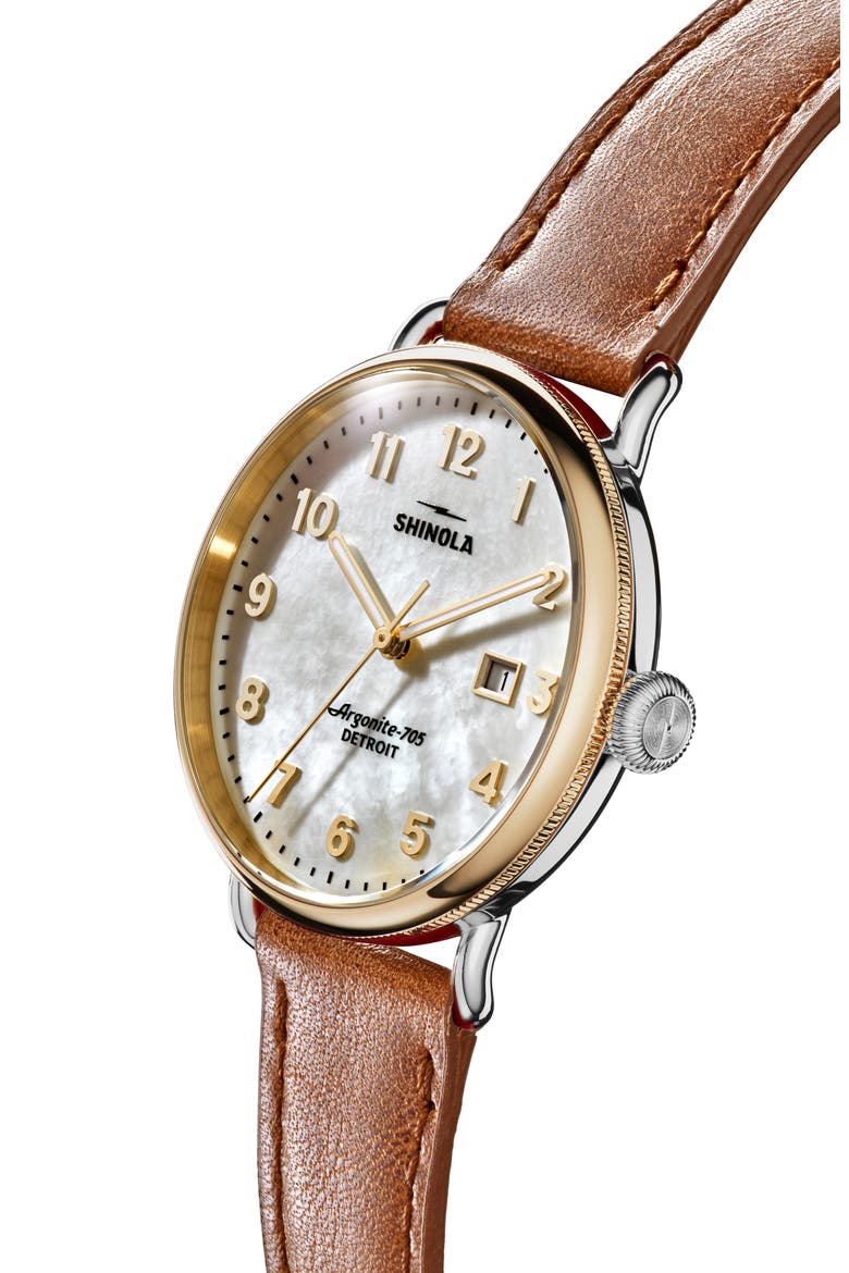 Canfield Leather Strap Watch, 38mm, Alternate, color, WHITE MOTHER OF PEARL