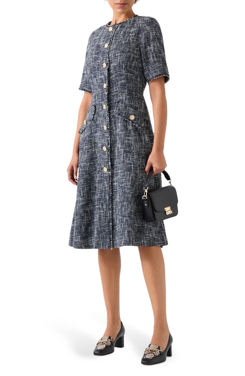 LK Bennett Suzie Fray Trim Tweed Flare Dress, Main, color, 