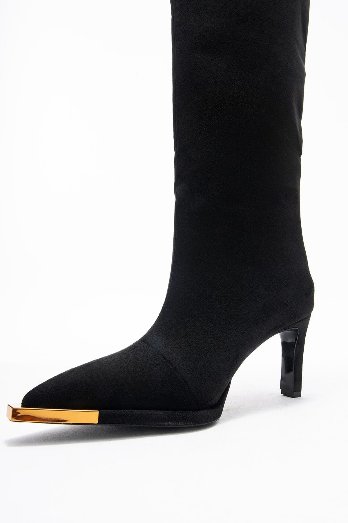 Prologue Shoes Lexa Pointed Toe Knee High Boot, Alternate, color, Black Suede Faux Leather