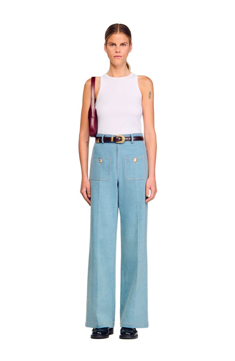 SANDRO Faded high-rise wide-leg jeans, Main, color, Blue Jean