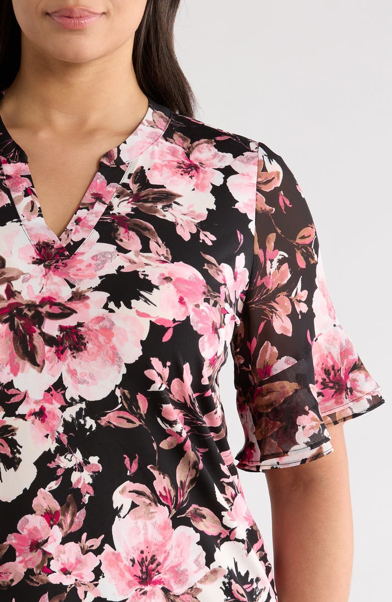 AK ANNE KLEIN Floral Ruffle Elbow Sleeve Top, Alternate, color, Anne Black Multi