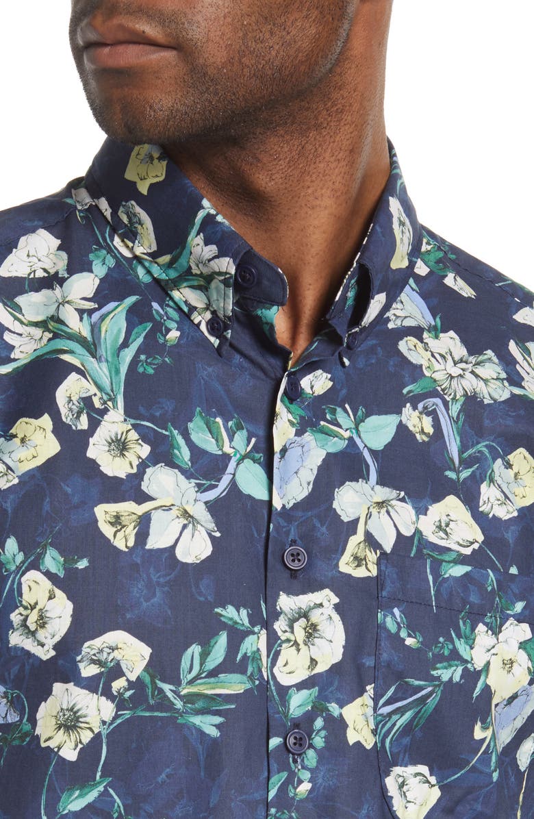 Naked & Famous Denim Floral Short Sleeve Button-Down Shirt, Alternate, color,