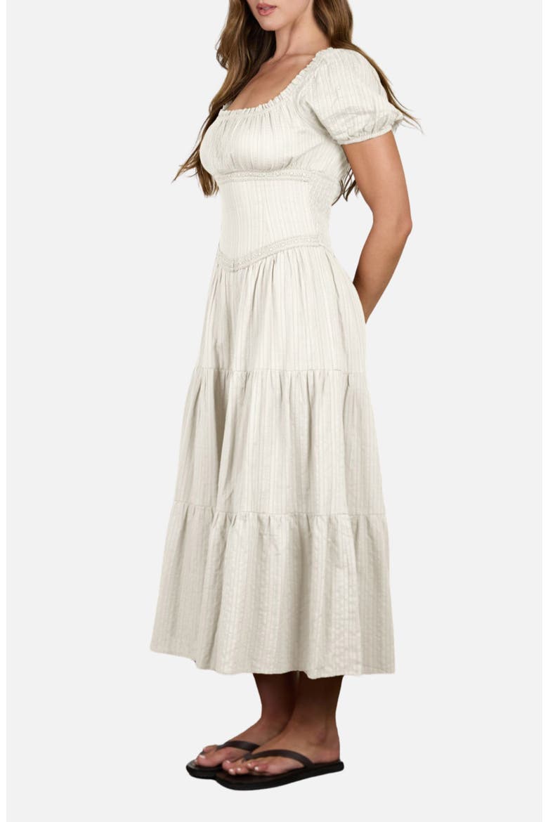 Stripe Textured Puff Sleeve Tiered Midi Dress, Alternate, color, CREAM