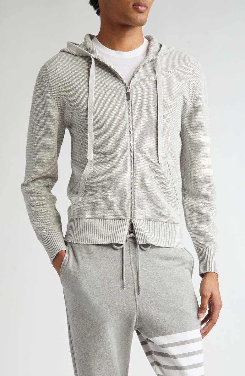 Thom Browne Textured Stitch Linen & Cotton Zip Hoodie, Main, color, 065 Lt Grey