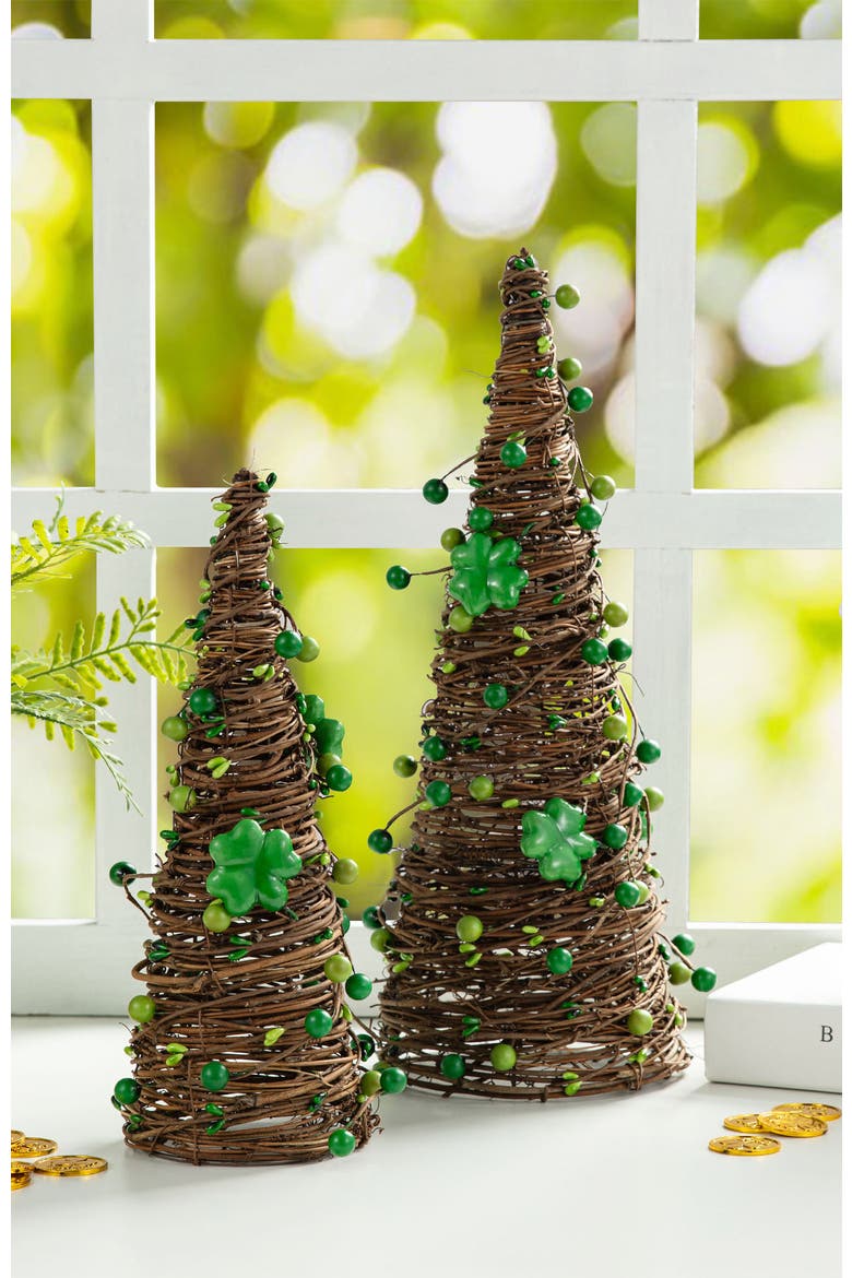 Set of 2 St. Patrick's Rattan Shamrock and Berries Table Tree, Alternate, color, Green
