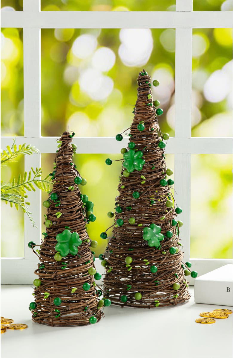 Glitzhome Set of 2 St. Patrick's Rattan Shamrock and Berries Table Tree, Alternate, color, Green