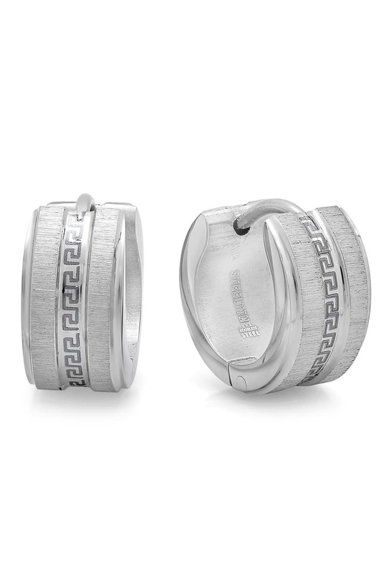 Greek Key Huggie Hoop Earrings, Main, color, SILVER