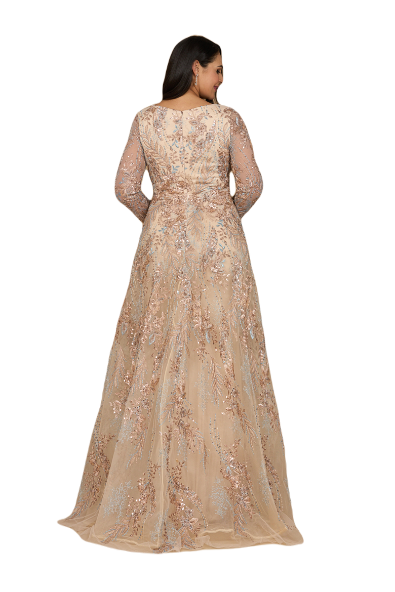 Lace Long Sleeve Gown with Overskirt, Alternate, color, Champagne