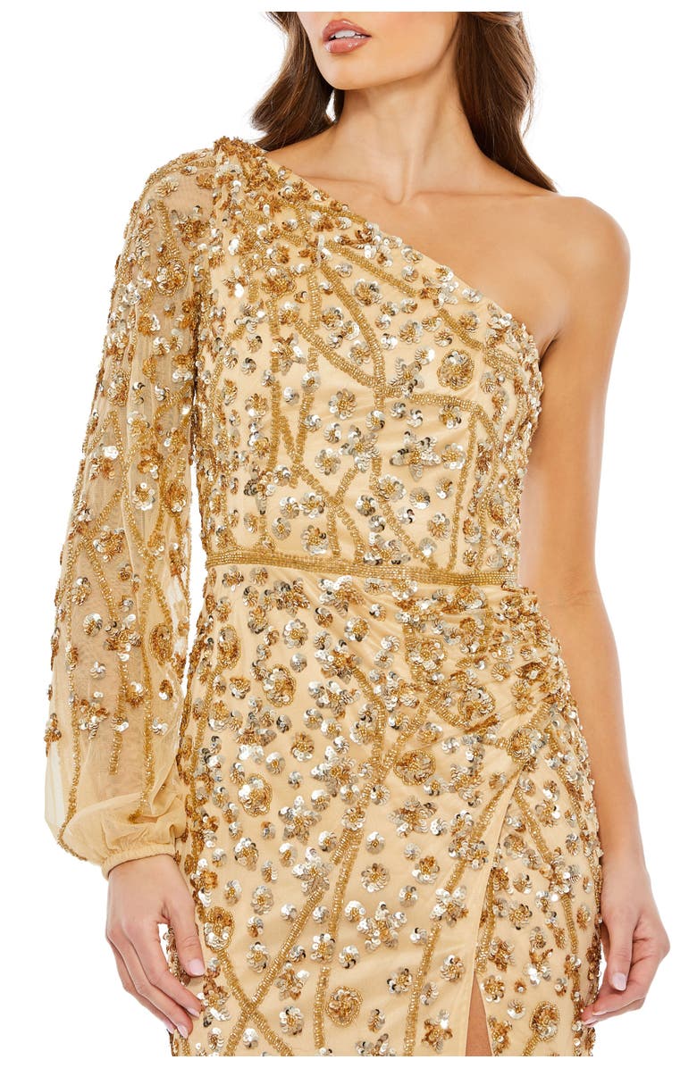 Mac Duggal Embellished One Sleeve Faux Wrap Gown, Alternate, color, Gold