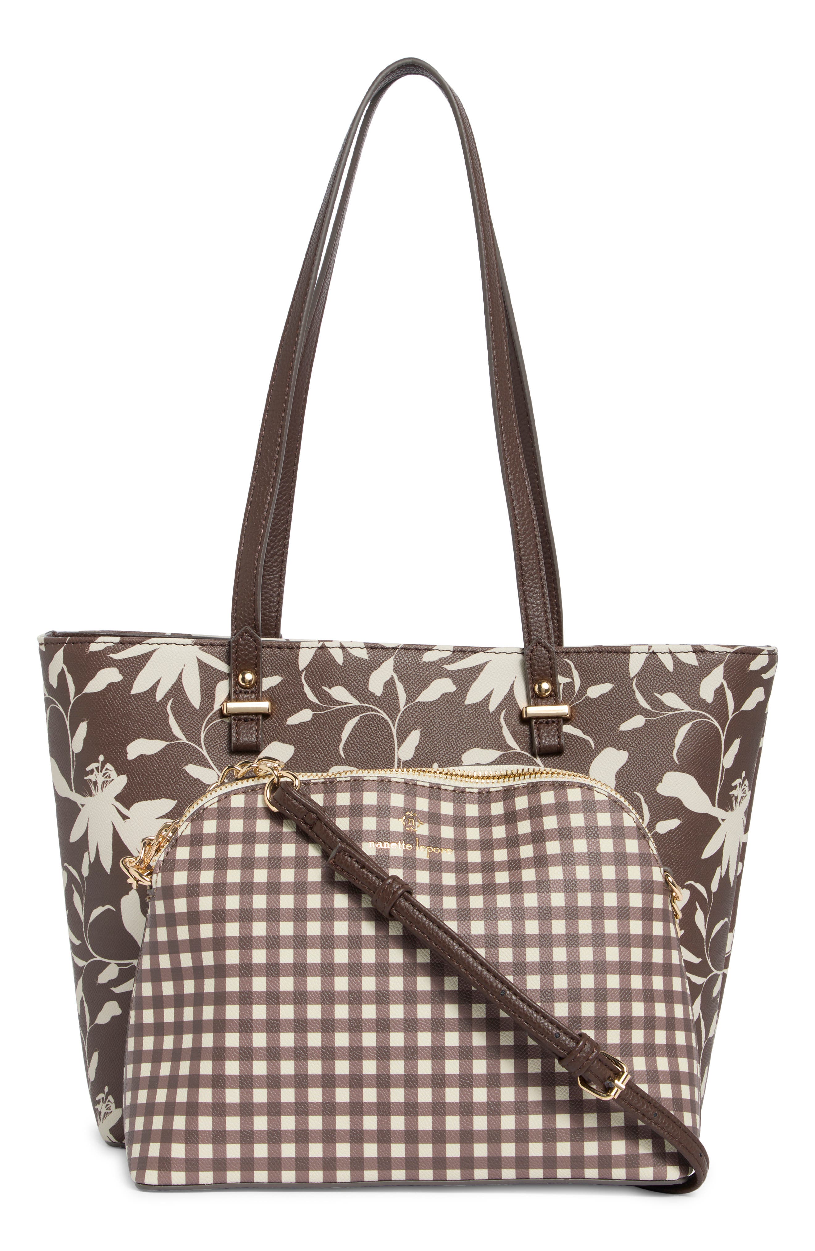 Nanette Lepore Faux Leather Tote with Removable Pouch, Alternate, color, Maple Fleur-Maple Gingham
