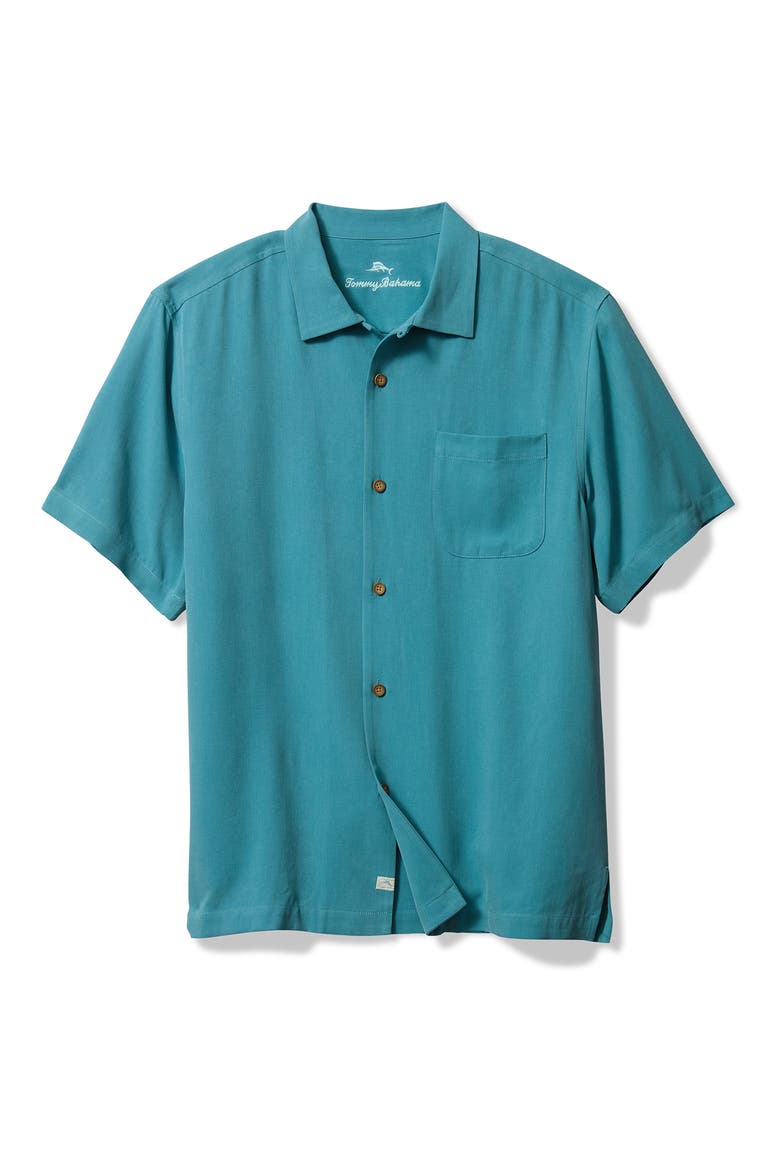 Tommy Grand Prix Embroidered Graphic Silk Camp Shirt, Main, color, DK CANAL BLUE