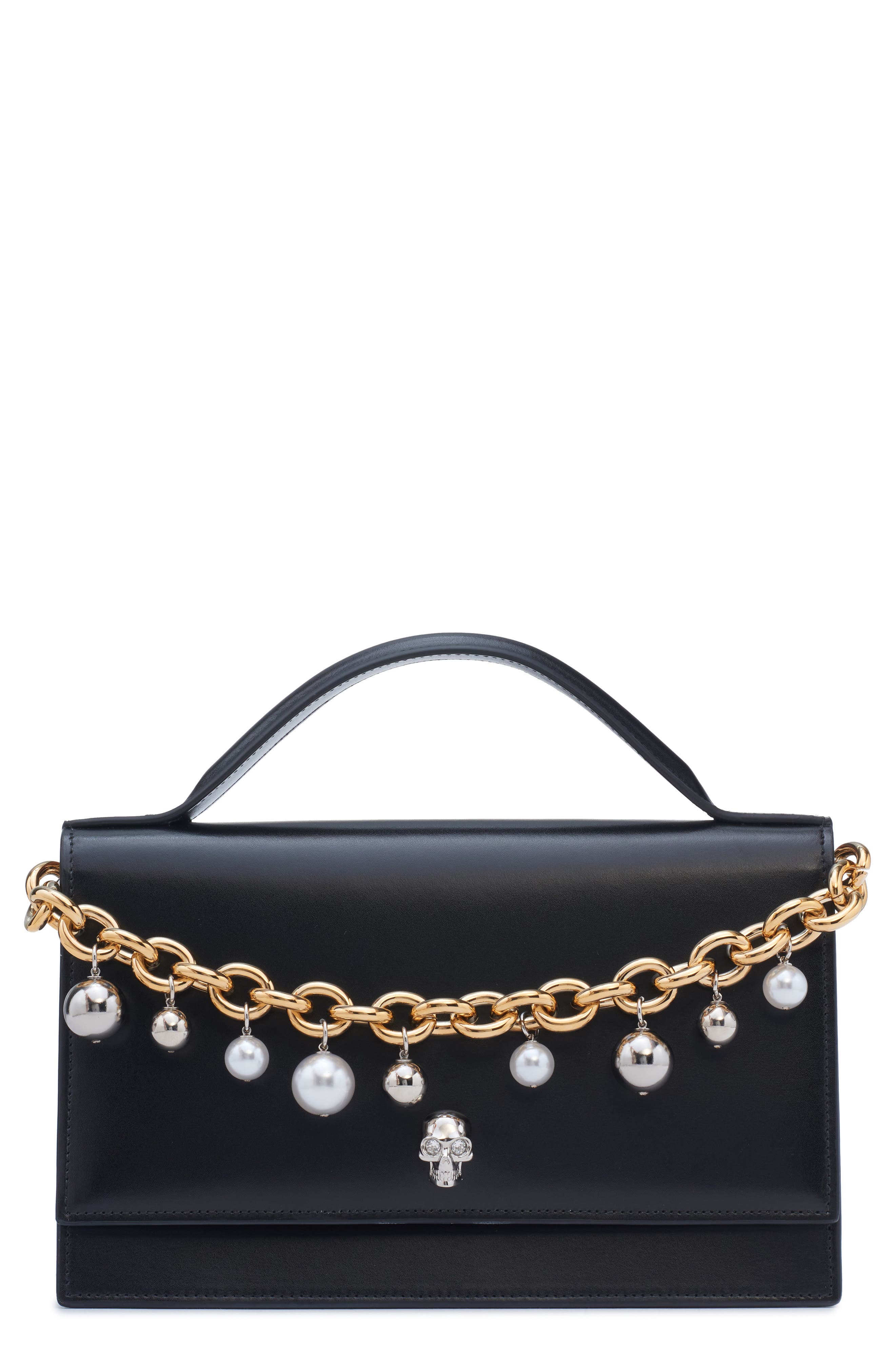 McQueen Medium Skull Chain Detail Leather Handbag, Main, color, Black/ Silver