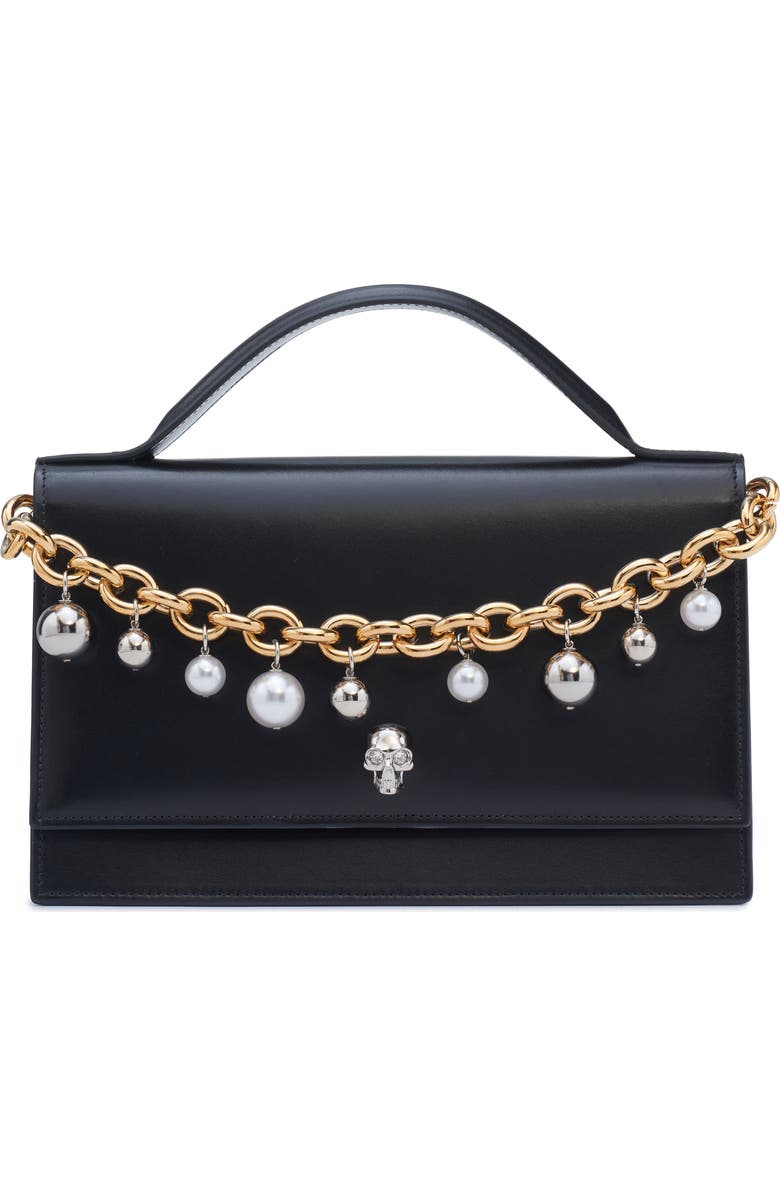 McQueen Medium Skull Chain Detail Leather Handbag, Main, color, Black/ Silver