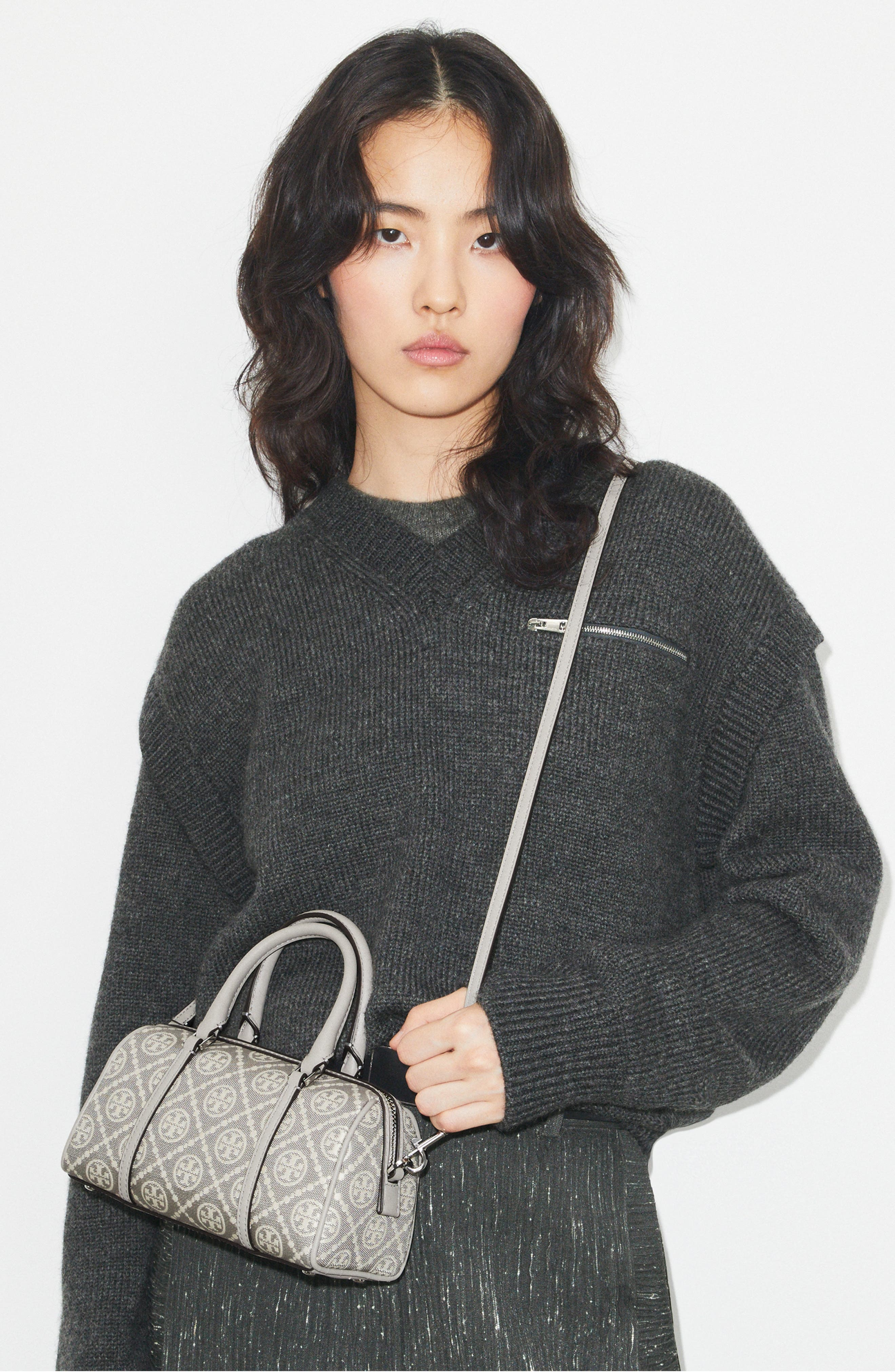 Tory Burch Mini T Monogram Jacquard Utility Barrel Bag, Alternate, color, Gray