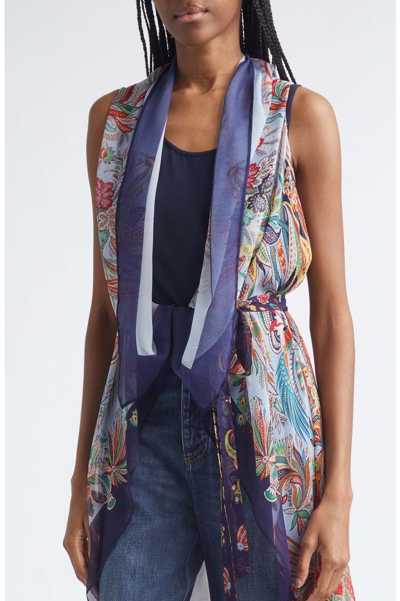 Scarf Print Long Silk Vest, Alternate, color, PRINT ON PALE BLUE BASE