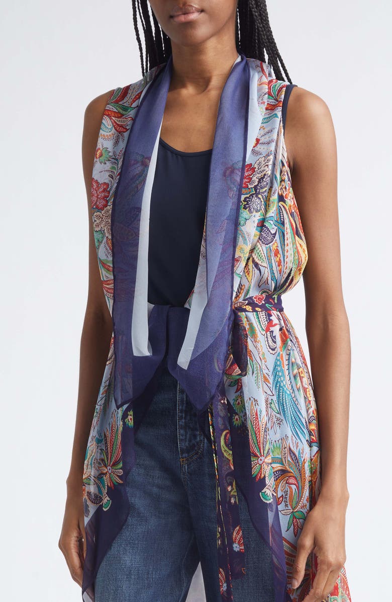 Etro Scarf Print Long Silk Vest, Alternate, color, Print On Pale Blue Base