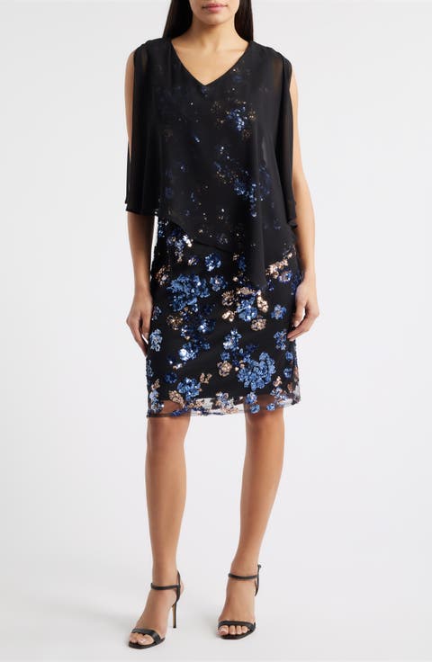 Chiffon Capelet Floral Sequin Cocktail Dress