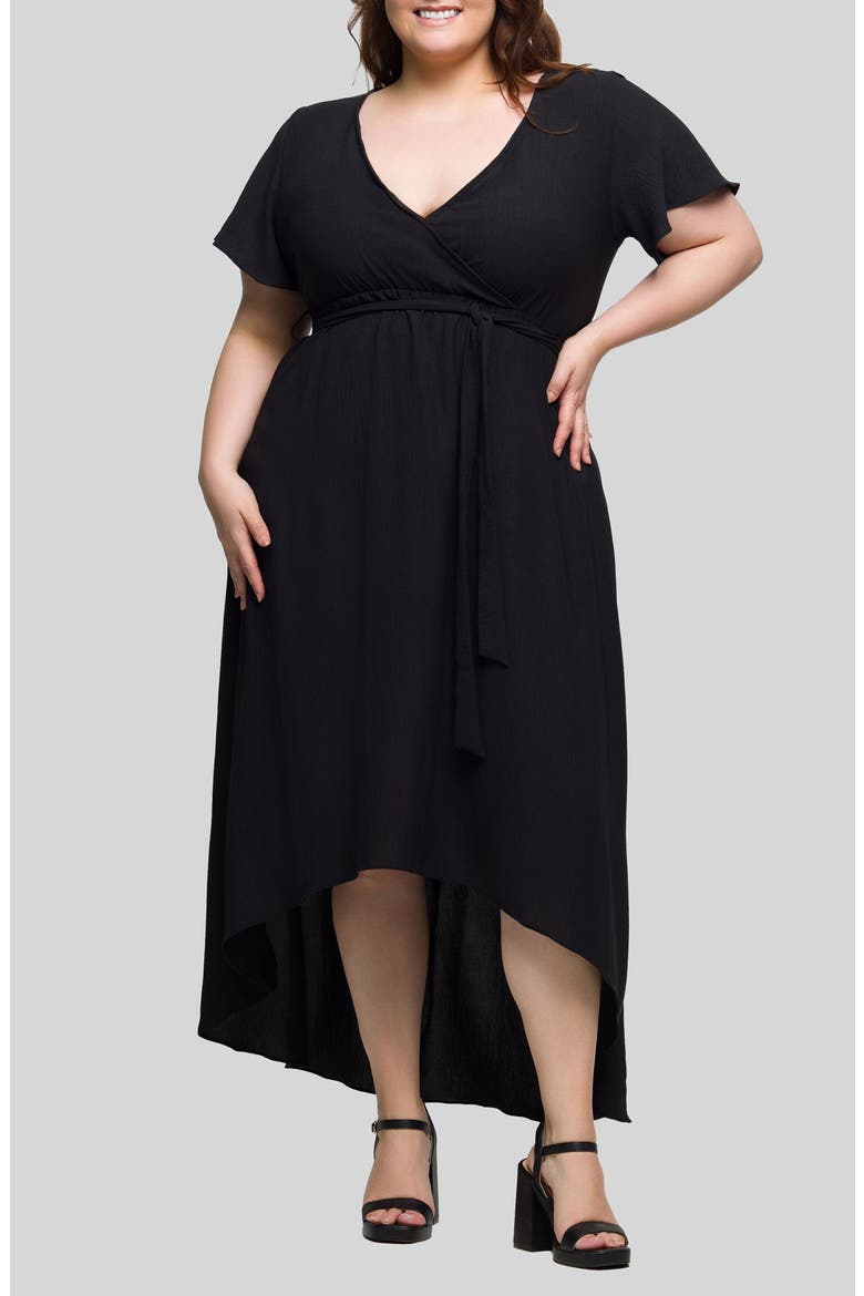 Wrap Front High-Low Dress, Main, color, BLACK