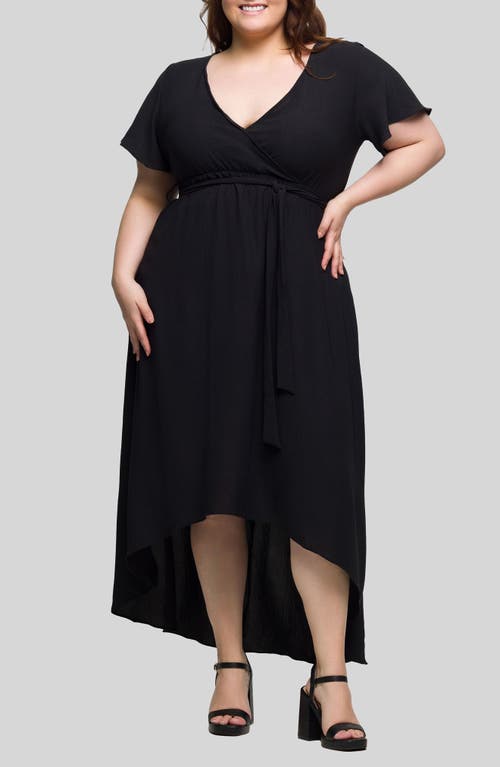 24seven Comfort Apparel Plus Size V-neck Belted Faux Wrap High Low Dress In Black
