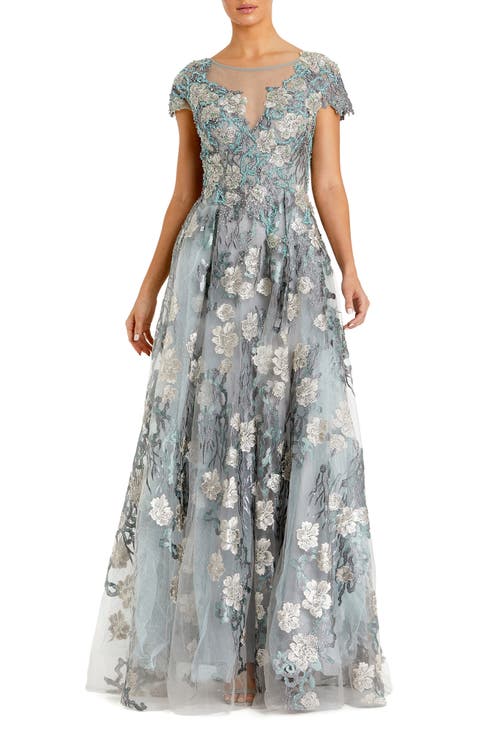 Embroidered Mesh Dress with Illusion Neckline