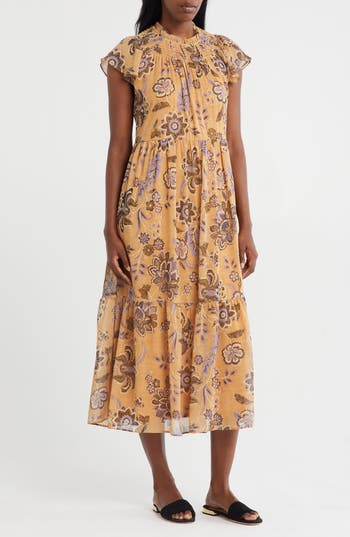 The Good Journey Smocked Flutter Sleeve Midi Dress In Orange