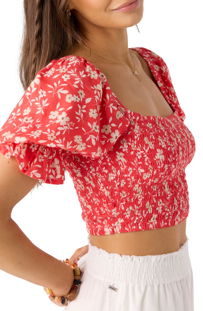 O'Neill Lorna Floral Smocked Crop Top, Alternate, color, Cayenne