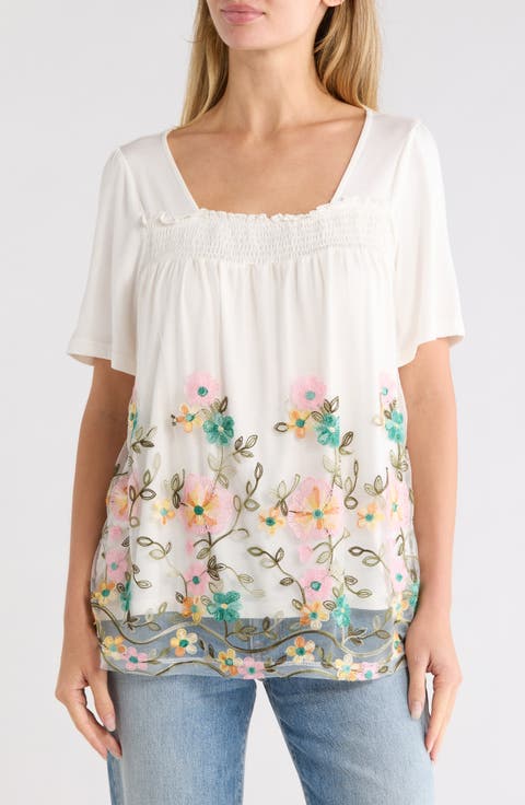 Embroidered Mesh Overlay Top