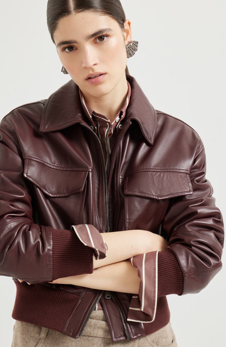 Brunello Cucinelli Soft nappa leather bomber jacket, Alternate, color, Amaranth