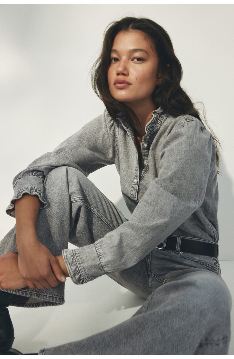 H&M Ruffle-trimmed denim blouse, Main, color, Gray