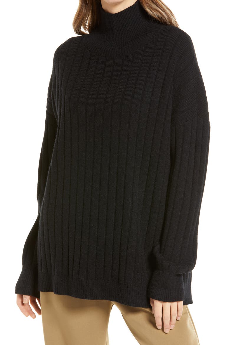 Women's Mock Neck Rib Tunic Sweater, Main, color, BLACK