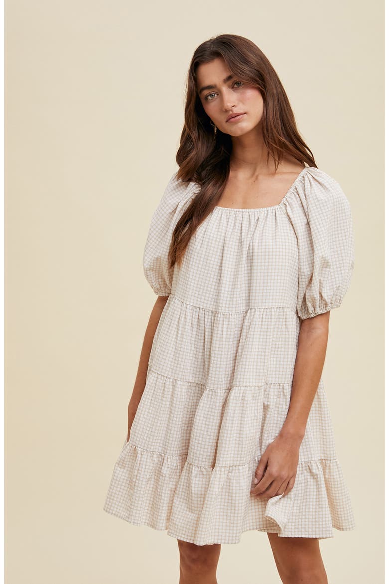 Plaid Puff Sleeve Cotton Blend Tiered Minidress, Alternate, color, CREAM/ TAUPE