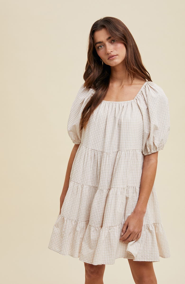 WISHLIST Plaid Puff Sleeve Cotton Blend Tiered Minidress, Alternate, color, Cream/ Taupe