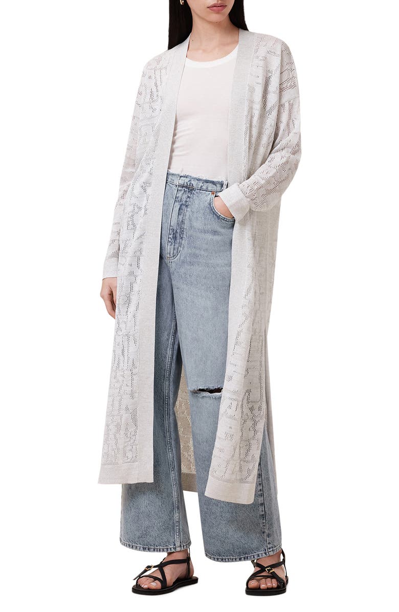 AllSaints Kaito Open Stitch Sheer Mesh Open Front Longline Cardigan, Main, color, 