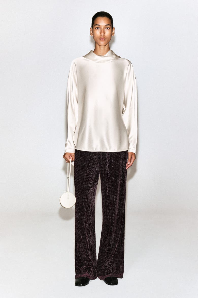 Plissé Velvet Pants, Main, color, CHOCOLATE