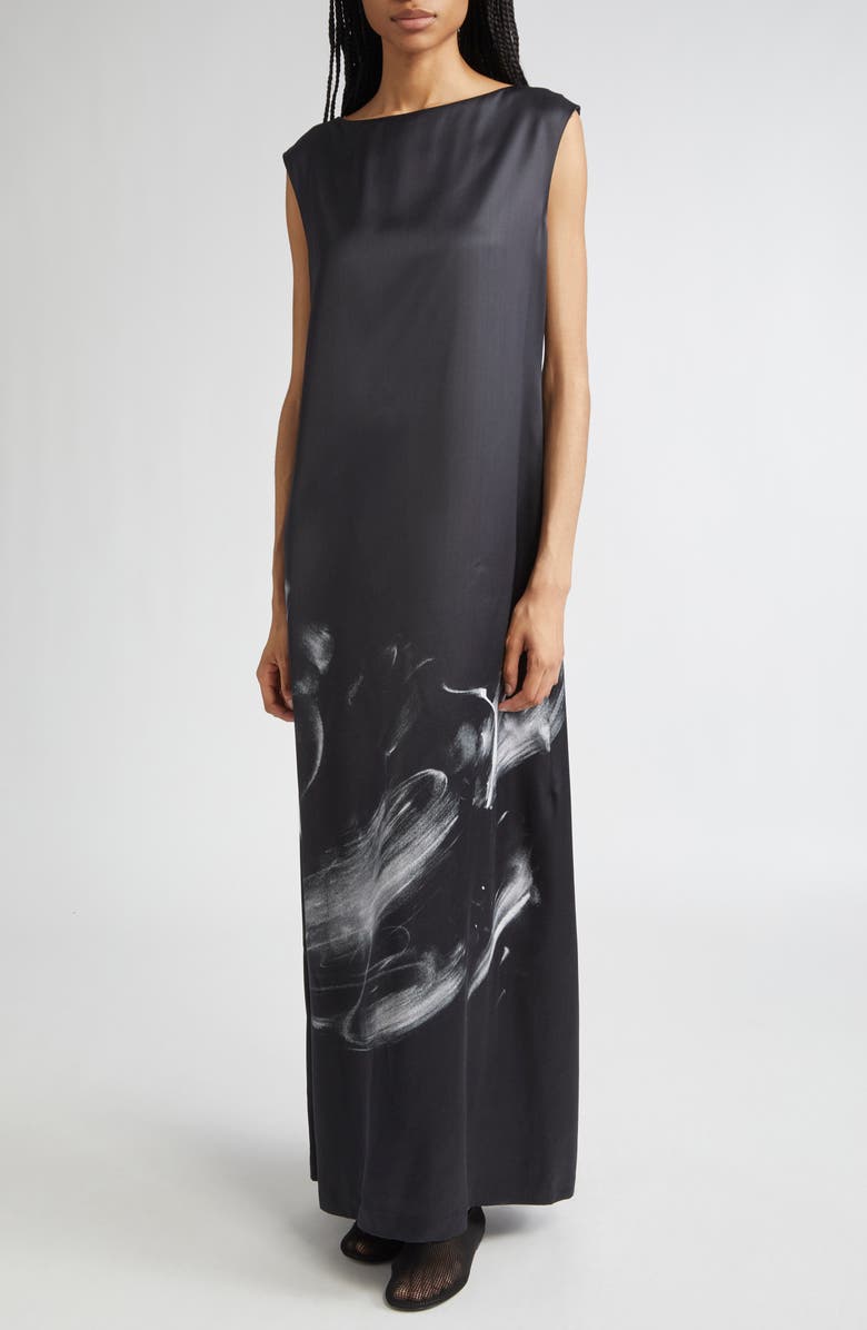 Lafayette 148 New York Charcoal Print Bateau Neck Gown, Alternate, color, 