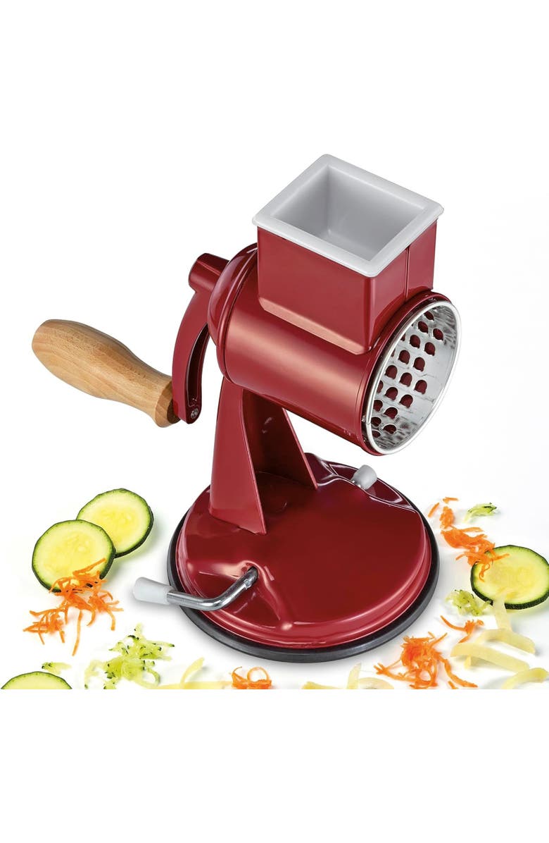 ZASSENHAUS Classic Drum Grater with Suction Base, 2 Grating Drums, Pestle, and Vegetable Cutter, Alternate, color, Red