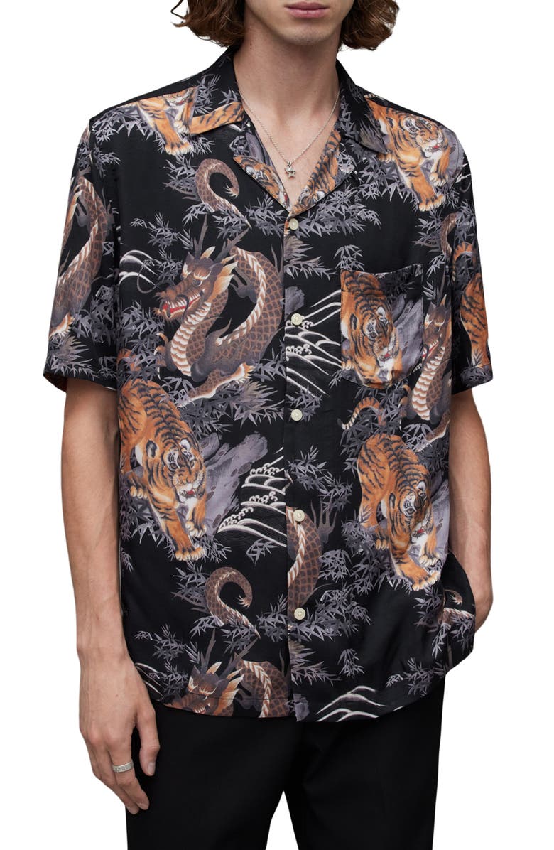 AllSaints Kali Relaxed Fit Tiger & Dragon Print Camp Shirt, Main, color, 