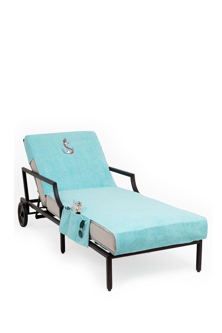 100% Turkish Cotton Anchor Embroidered Standard Size Chaise Lounge Cover With Side Pockets - Aqua, Main, color, AQUA