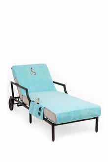 Linum Home Textiles 100% Turkish Cotton Anchor Embroidered Standard Size Chaise Lounge Cover With Side Pockets - Aqua