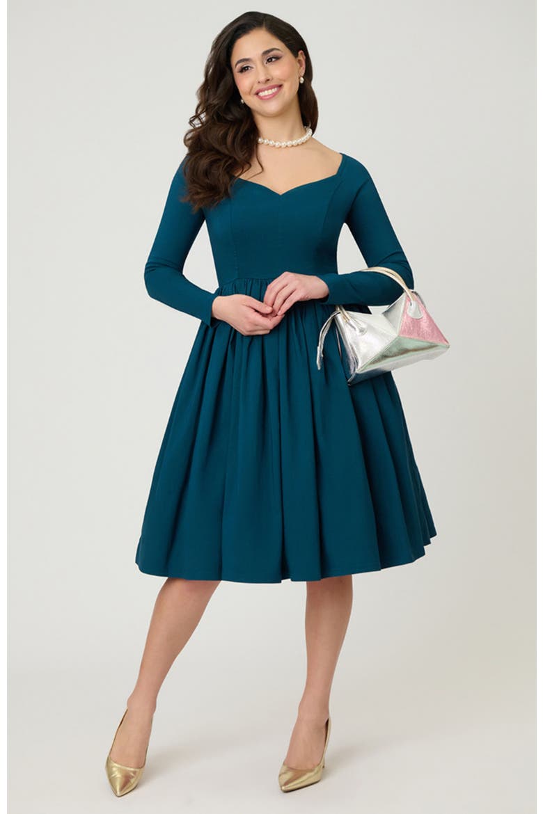 Sweetheart Long Sleeve Swing Dress, Alternate, color, Green Solid