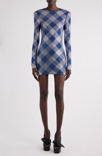Balmain Vichy Rhinestone Embellished Long Sleeve Minidress | Nordstromrack