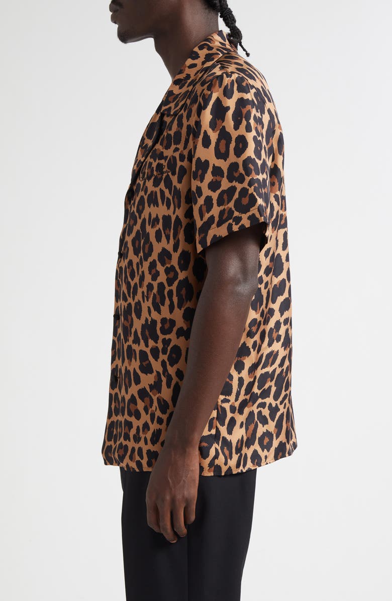Balmain Leopard Print Silk Button-Up Pyjama Shirt, Alternate, color, Gba Beige/ Black
