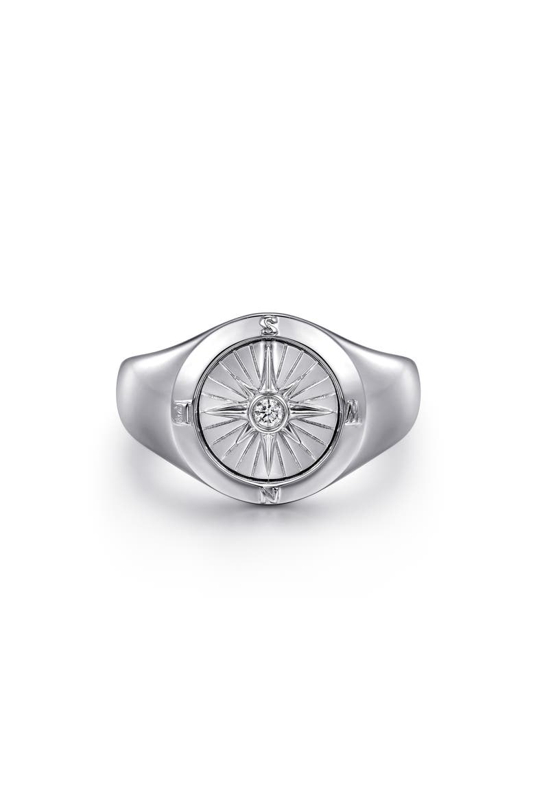 Polaris Sterling Silver Diamond Compass Signet Ring, Main, color, STERLING SILVER