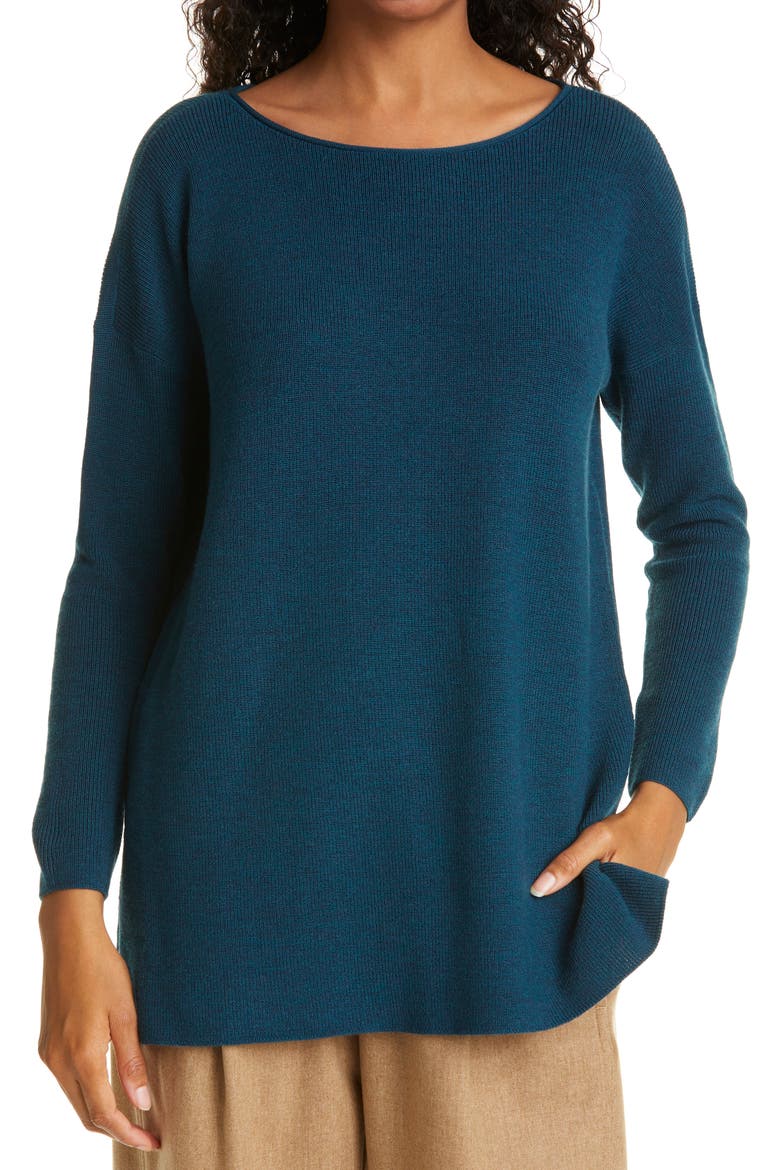 Bateau Neck Merino Wool Tunic Sweater, Main, color, BLUE SPRUCE