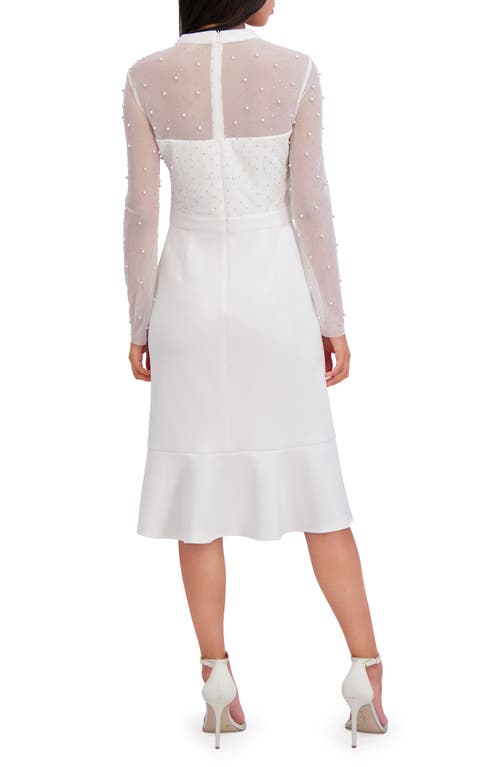 London Times Embellished Illusion Long Sleeve Midi Dress In White