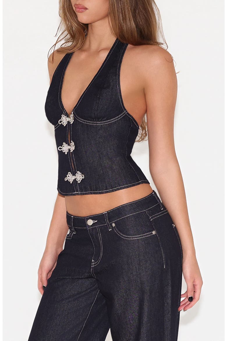 Tilda Frog Closure Halter Top, Alternate, color, INDIGO