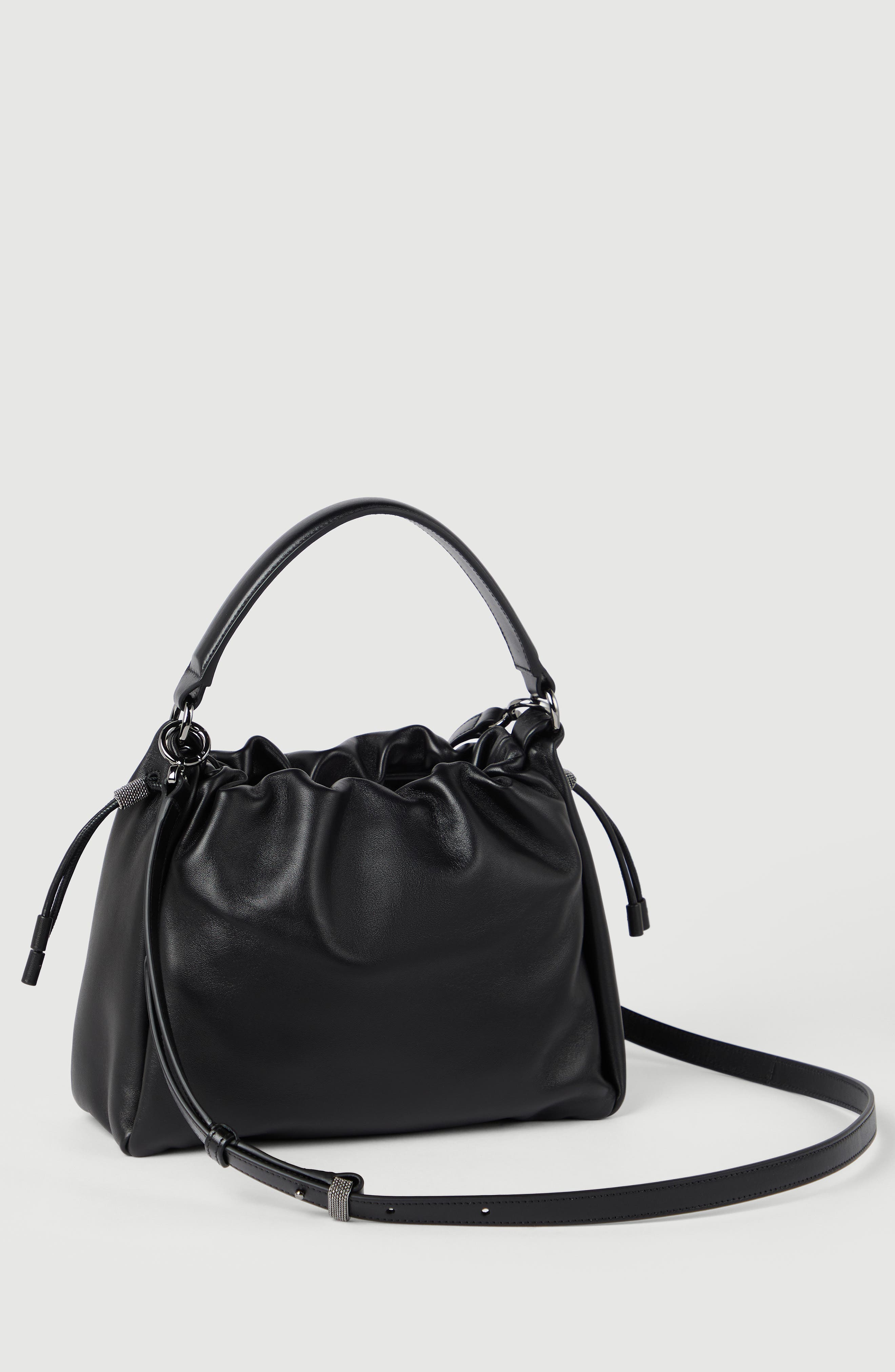 Brunello Cucinelli Small Soft Leather Mellow Bucket bag, Alternate, color, Black
